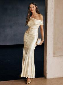 Sollinarry 女士春夏新款亮片露肩长款奢华优雅派对礼服，适合派对、婚礼等场合 - 香檳色 - 查看 4