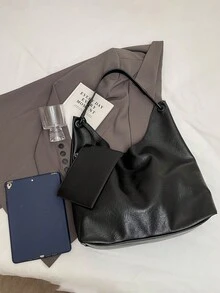 新款秋冬复古纯色哑光面料女士单肩包，现代通勤软包，简约风格可调节肩带手提包，带零钱包设计组合包，韩国高端软肩托特包 - 黑色 - 查看 8