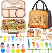Lonchera de Capybara para Niño,Bento Lunch Box 36 Piezas, Fiambrera para Niña Preescolar Portátil A Prueba de Fugas con 4 Compartimentos, Bolsa y Cubiertos, Microondas - 1 - Ver 1