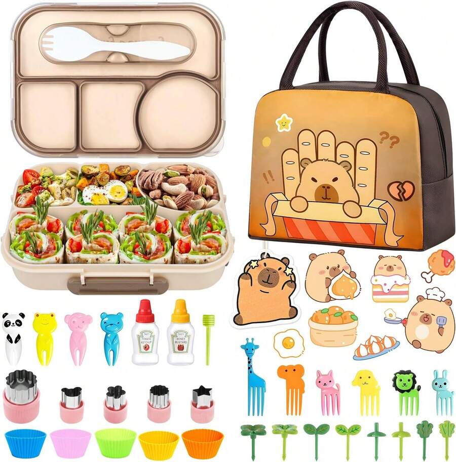 Lonchera de Capybara para Niño,Bento Lunch Box 36 Piezas, Fiambrera para Niña Preescolar Portátil A Prueba de Fugas con 4 Compartimentos, Bolsa y Cubiertos, Microondas - 1 - Ver 1