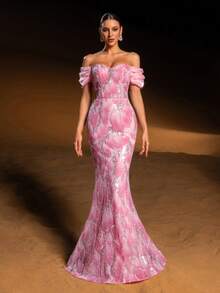 Faeriesty Đầm dạ hội đuôi cá trễ vai thanh lịch với họa tiết hoa lấp lánh đính sequin và hạt cườm – Cổ áo hình trái tim, điểm nhấn hoa nhỏ tinh tế trên vai, dáng đuôi cá, thích hợp cho đám cưới, tiệc tối và các buổi họp mặt sang trọng dành cho phái nữ. - Hồng - Xem 5