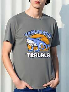 Camiseta informal para niño con cuello redondo, manga corta, estampado de dibujos animados Brainrot Tralalero Tralala Animado, diseño holgado para primavera-verano y actividades al aire libre. - Gris - Ver 3
