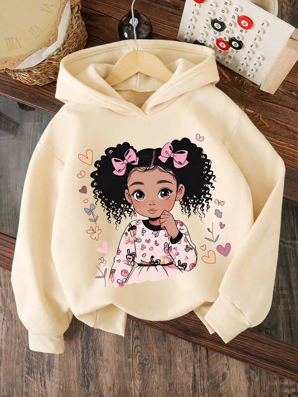 Cartoon Bow Pattern Warm Hoodie Sweatshirt For Young Girl