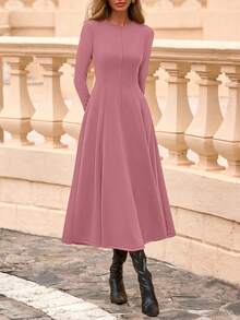 Cocktail Dresses For Women  Elegant Classy Fall Long Sleeve Midi Swing A Line Flowy Modest Party Dress - Pink - View 3