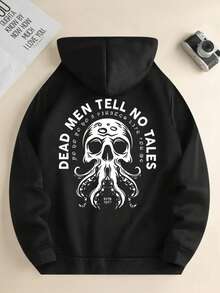 Mujer003-1 Sudadera del Día de los Muertos Una sudadera de manga larga suave y cómoda para el invierno Sudadera con capucha negra con un impresionante dise?o de un calavera de pulpo en el dorso y la frase "DEAD MEN TELL NO TALES" que brinda un estilo - Negro - Ver 1