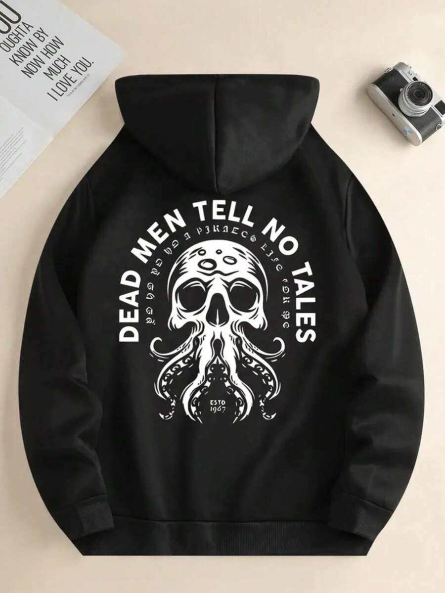 Mujer003-1 Sudadera del Día de los Muertos Una sudadera de manga larga suave y cómoda para el invierno Sudadera con capucha negra con un impresionante dise?o de un calavera de pulpo en el dorso y la frase "DEAD MEN TELL NO TALES" que brinda un estilo - Negro - Ver 1