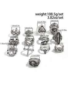 13pcs Gothic Style Skull Charm Ring Set, Fashionable Street Hip Hop Jewelry For Men - Antique Silver - View 5