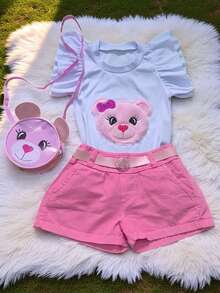 Children's Set For Girls With Teddy Bear Bag, Short-Sleeved Blouse, Shorts And Belt, Butterflies Kids - 淺粉色 - 查看 3