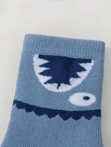 5 Pairs Boys' Crew Socks, Toddler Kids' Mid-Calf Socks, White & Blue, Color Block, Cartoon Letter, Striped, Shark Pattern, Plush Lining, Spring/Autumn & Winter, Thick, Suitable For Daily Wear, Gifts, Cute, Fashionable, Minimalist, Suitable For Daily Outfit, Students, Warm - Multicolor - View 7