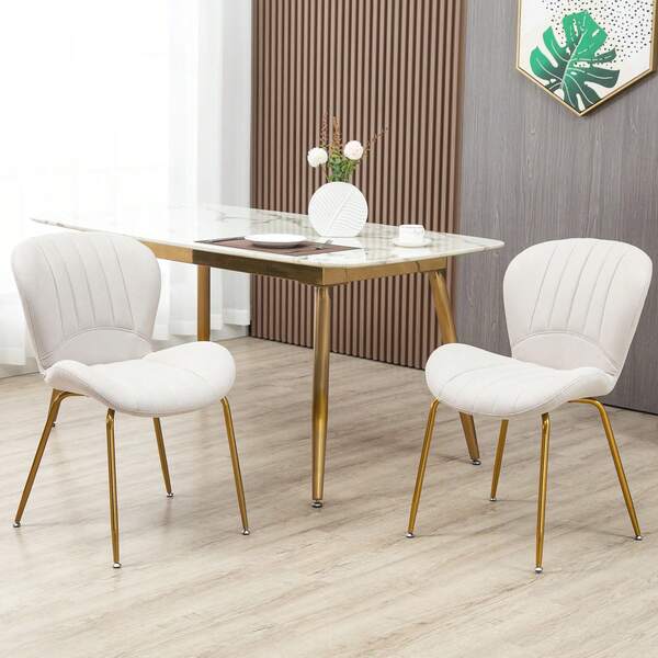 HOMCOM Upholstered Dining Chairs Set Of 2, Modern Kitchen Chairs, Armless Accent Chairs With Backrest, Padded Seat And Steel Gold Legs, Cream White