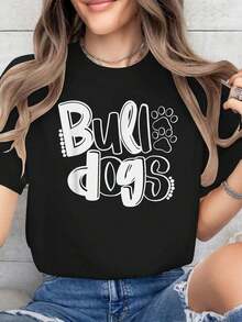 100% Algodón Divertido Bulldog Espíritu Escolar Equipo Vamos Dawgs Regreso a Clases Camiseta camisetas de verano para mujeres - Negro - Ver 1