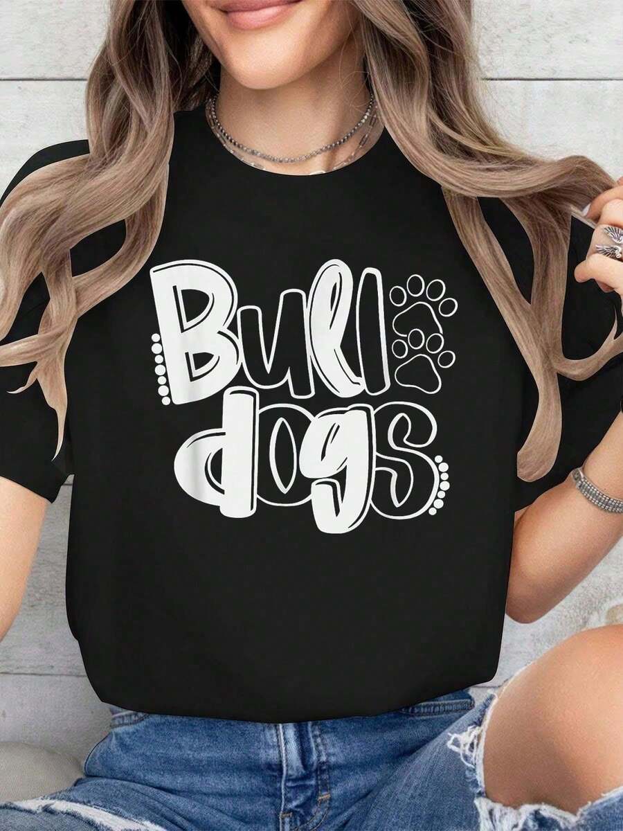 100% Algodón Divertido Bulldog Espíritu Escolar Equipo Vamos Dawgs Regreso a Clases Camiseta camisetas de verano para mujeres - Negro - Ver 1