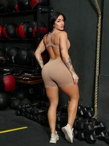 Seamless High Waist Ribbed Sports Gym Yoga Jumpsuit YI-60 - Caqui - Ver 3