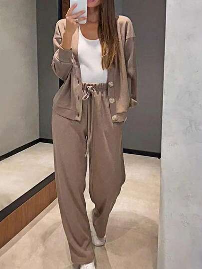 Dwuczęściowy zestaw damski w dużym rozmiarze, sportowy, swobodny, dzianinowy kardigan, zapinana na guziki kurtka i spodnie ze ściągaczem