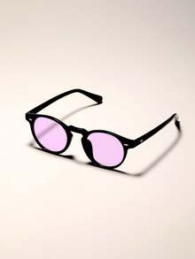 1副复古铆钉小框圆形书呆子眼镜，适合学院风、复古中性风、时尚街拍、度假、日常通勤，聚碳酸酯镜片，时尚眼镜（含眼镜带） - 淡紫色 - 查看 9