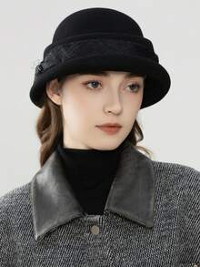 1 peça novo chapéu francês elegante versátil outono/inverno redondo de lã feltro, aba virada para cima decoração de laço chapéu de balde de aba pequena inverno quente