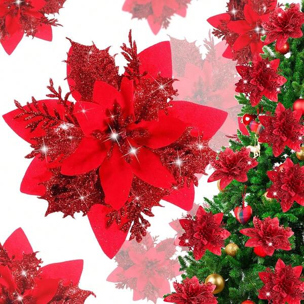 1/10/20/30 piezas Decoraciones navideñas de Flor de Pascua (con clips) - 10 piezas Flores artificiales rojas, doradas, plateadas Adornos para árbol de Navidad Brillo Año Nuevo Boda Fiesta Guirnalda Decoración DIY, Embalaje