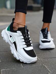 ​Women's White Black Green Chunky Sole Sneakers - Breathable Mesh Upper With Raw Hem Denim For Street Style Comfort, Year-Round Shoes For Women​ - Nhiều màu - Xem 2