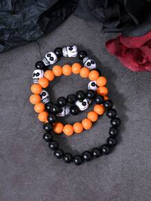 3pcs/Set Horror Cool Colorful Skull Head Elastic Beaded Bracelets For Women, Men, Party