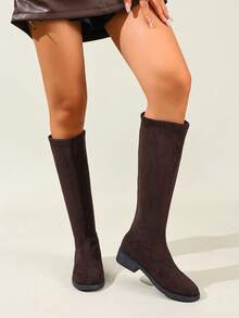 Fall/Winter Women's Fashion Brown Suede Low Heel Knee-High Boots, Minimalist Back Zipper Slimming Riding Boots, Suitable For Holiday, Office, Commute, Business,Party - Brown - View 4