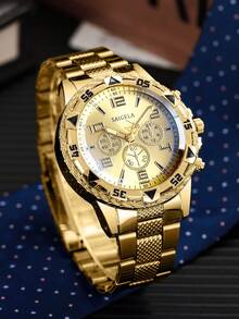 2pcs/Set Men's Steel Band Three-Eye Numeric Scale Large Dial Quartz Wrist Watch + Bracelet, No Watch Box Included - Gold - View 7