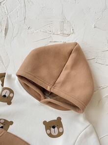 2Pcs/Set Toddler Baby Boy Clothes Bear Print Fleece Long Sleeve Hooded Sweatshirt & Long Pants Thickened Autumn/Winter - Brown - View 7