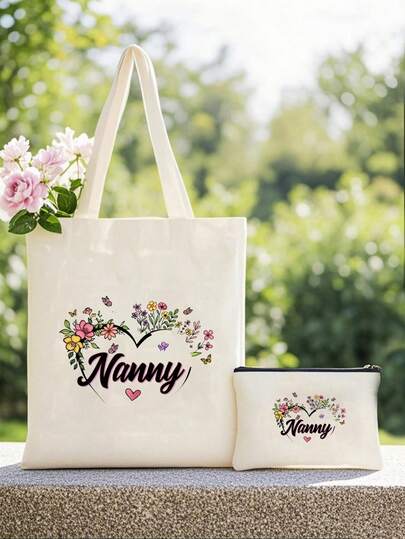 1-2pcs "Best Nanny Forever" Printed Canvas Tote Bag - Wreath Design, Foldable, Reusable Tote Bag, Unisex Tote Bag - Fashionable Beige Shoulder Shopping Bag, Durable Polyester, Machine Washable, Perfect Thank You Themed Gift