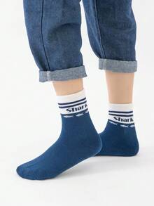 5 Pairs Boys' Crew Socks, Toddler Kids' Mid-Calf Socks, White & Blue, Color Block, Cartoon Letter, Striped, Shark Pattern, Plush Lining, Spring/Autumn & Winter, Thick, Suitable For Daily Wear, Gifts, Cute, Fashionable, Minimalist, Suitable For Daily Outfit, Students, Warm - Multicolor - View 3