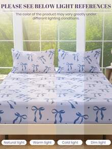1pc Soft & Comfortable Fitted Sheet, Mattress Protector, Bedding Set, Bowknot Pattern, Blue, Home Decor, Valentine's Day Gift - Multicolor - View 9