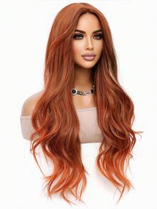 角色扮演长波浪假发焦橙色中分款式易于护理女士日常派对假发 Y2K 合成蓬松时尚酷女孩假发浪漫优雅万圣节圣诞节音乐节服装假发浪漫休闲街头耐热假发 30 英寸 - 亮橙色 - 查看 5