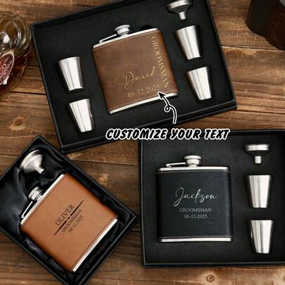 1 Set Personalized Engraved Leather Flask, Groomsman Gift, Customized Groomsman Leather Flask, Best Gift For Men, Groomsman Leather Flask