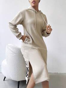 Sudadera casual de mujer con bolsillo dividido y costillas con estampado de letras - Caqui - Ver 5