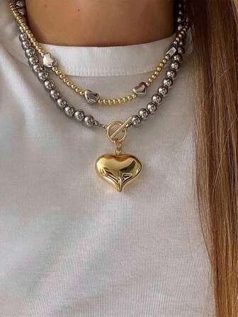 2 pezzi Collana alla moda con perle a sfera esagerate, collana con pendente a forma di cuore in acciaio inossidabile per donne