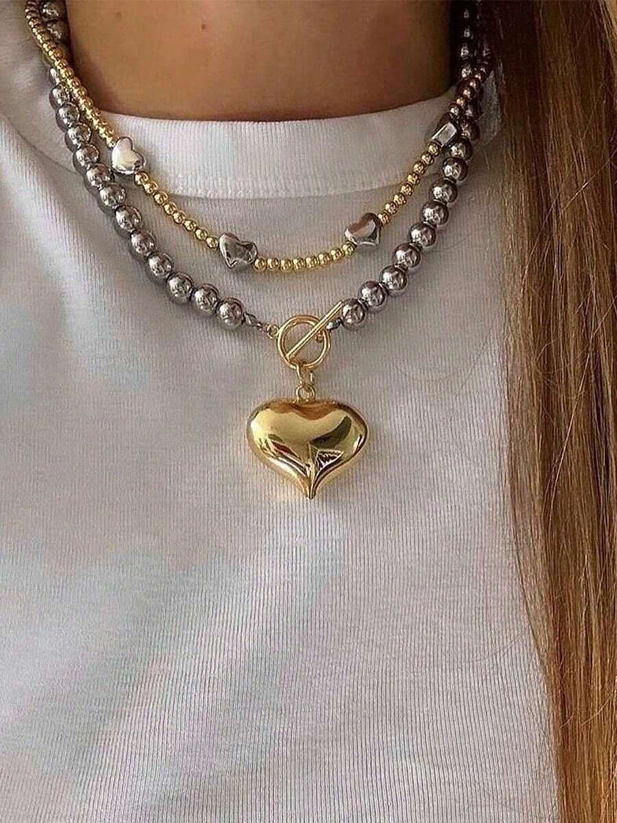 2 piezas Collar con cuentas esféricas exageradas de moda, collar con colgante de corazón de acero inoxidable para mujeres - Multicolor - Ver 1