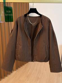Women's Casual Jacket, Striped Woven Fabric, Pockets With Zipper, Puff Shoulder Design, Oversized Fit, Suitable For Various Figures, High-Quality Solid Color, Simple And Fashionable, Versatile For Daily Commute In Autumn/Winter - Coffee Brown - View 9