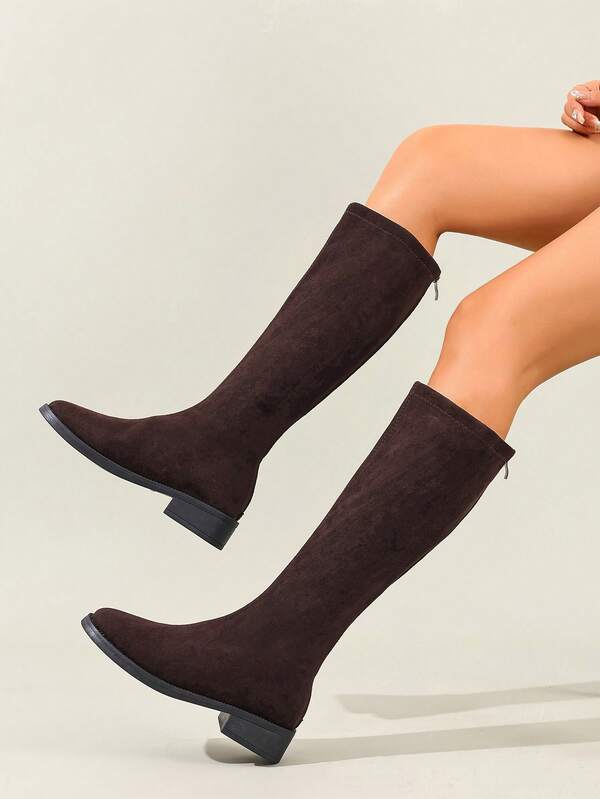 Fall/Winter Women's Fashion Brown Suede Low Heel Knee-High Boots, Minimalist Back Zipper Slimming Riding Boots, Suitable For Holiday, Office, Commute, Business,Party