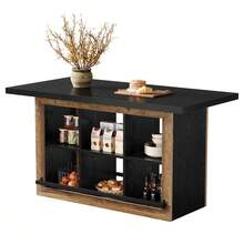Tribesigns 62.6" Rectangular Bar Table With Storage, Home Bar Cabinet Unit With 6 Spacious Cubbies And Metal Footrests, Large Counter Height Pub Table For Home Kitchen, Dining Room, Brown & Black - Nâu + Đen - Xem 6