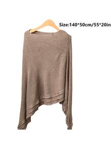 1pc Women Solid Color Poncho Asymmetrical Tassel Batwing Sleeve Sweater Cape Outerwear,Beach,Holiday - Multicolor - View 7