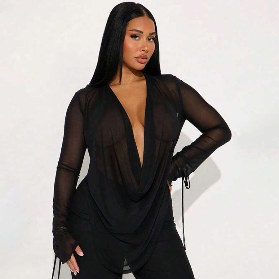 Conjunto de dos piezas de top de manga larga con cuello de malla oscilante sexy y pantalones estilizantes para mujer - Negro - Ver 1