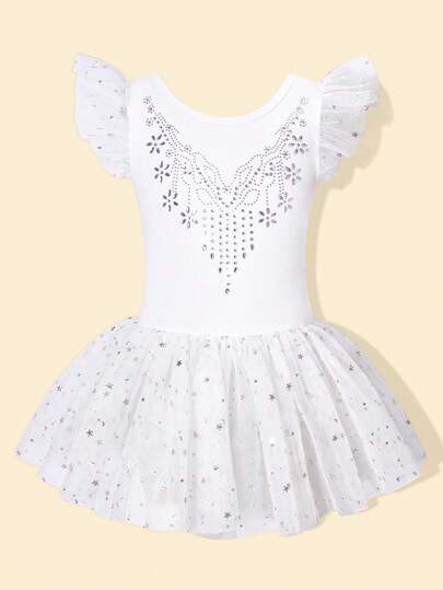 女童芭蕾连体衣带网眼芭蕾舞裙，儿童短袖舞蹈体操芭蕾紧身衣连衣裙运动服装