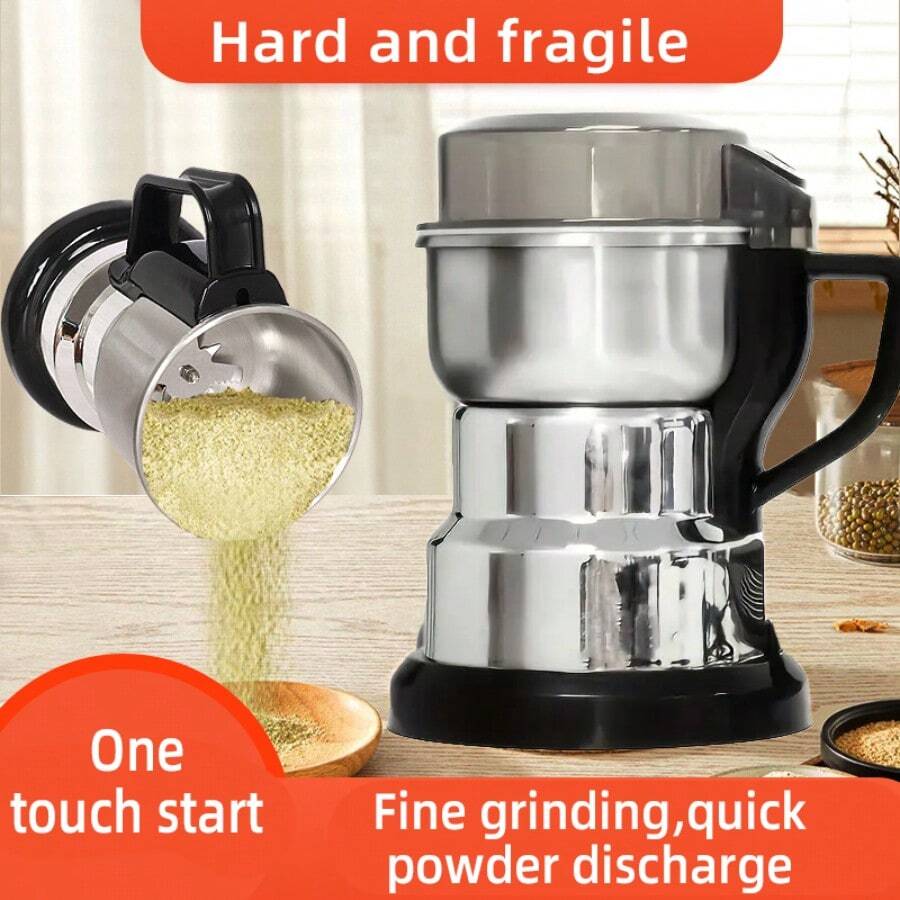 1pc Grain Grinder, Whole Grain Pulverizer, Small Household Pulverizer, Pulverizer, High-Power Crusher, Easy To Use, High-Hardness Grinding Core, 304 Stainless Steel Blade Of Aluminum Alloy Body, Fine Powder, Suitable For Kitchen And Home Use, Multi-Functional Purposes. - 銀色研磨機(附湯匙刷) - 查看 1