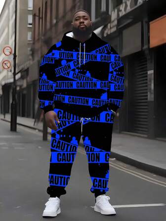 Set di abbigliamento invernale da uomo taglia grande con stampa divertente di avvertimento, set con felpa con cappuccio e coulisse, adatto per primavera, autunno e inverno, di moda, ampio e confortevole