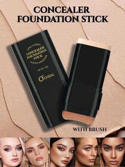 Barra de maquillaje 2 en 1 con brocha, base de maquillaje hidratante y ligera con contorno, barra iluminadora ligera de larga duración para corregir imperfecciones y contornear el rostro, a prueba de agua