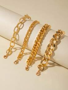 4pcs/Set Minimalist Punk Metal Chunky Chain Bracelet Set, Suitable For Dating, Party, Daily Wear - Yellow Gold - View 4