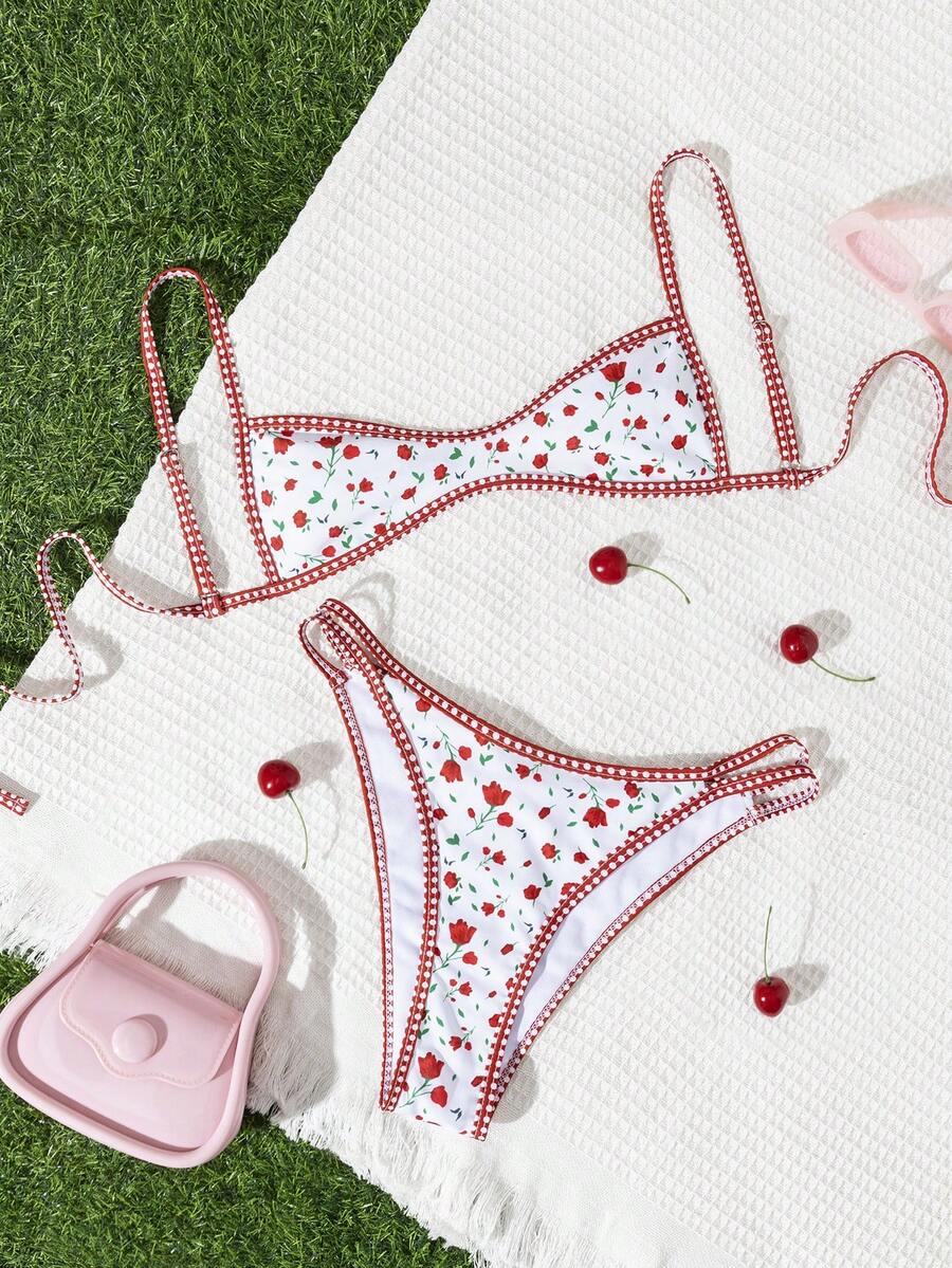 wohenmeili Bộ bikini nữ kiểu dáng thường ngày, chất liệu co giãn cao, không lưng, in họa tiết rỗng với chi tiết đan chéo. - Đỏ trên nền trắng - Xem 1