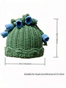 Lily Of The Valley Crochet Bell Orchid Designed Adult Cap, Hand Woven Warm Winter Urine Cap With Blue Flower Decoration, Women's Soft And Warm, Fashionable Knitted Cap