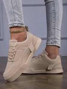 春季新款时尚简约经典圆头休闲运动鞋，全卡其色系带厚底休闲运动鞋，学生鞋，滑板鞋，校园情侣鞋，适合校园和运动场合，舒适透气。 - 卡其色 - 查看 4