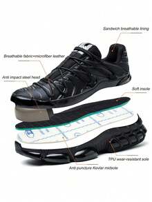 【建议选大一码】钢头安全鞋，男士工作运动鞋，旋转扣设计，方便穿脱，透气防砸，工作安全靴，防刺穿，防砸，EVA减震鞋底，男女通用轻便工作鞋，户外徒步防刺穿防砸鞋 - 黑色 - 查看 9