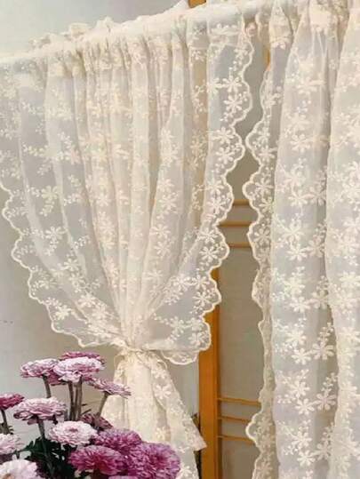 1 pièce Panneau de rideau avec bordure en dentelle beige, rideau de style bohème semi-transparent à motif floral confortable, rideau décoratif pour fenêtre de chambre, salon, décoration de la maison, toutes saisons