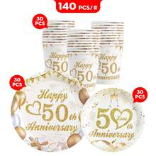 50e Anniversaire Ballons Assiettes et Gobelets en Papier Jetables, Assiettes et Gobelets Fournitures de Fête Convenant pour 30 Invités, Assiettes en Papier Jetables Vaisselle de Fête Convenant pour Anniversaire, Mariage, Fête, Pique-Nique Familial